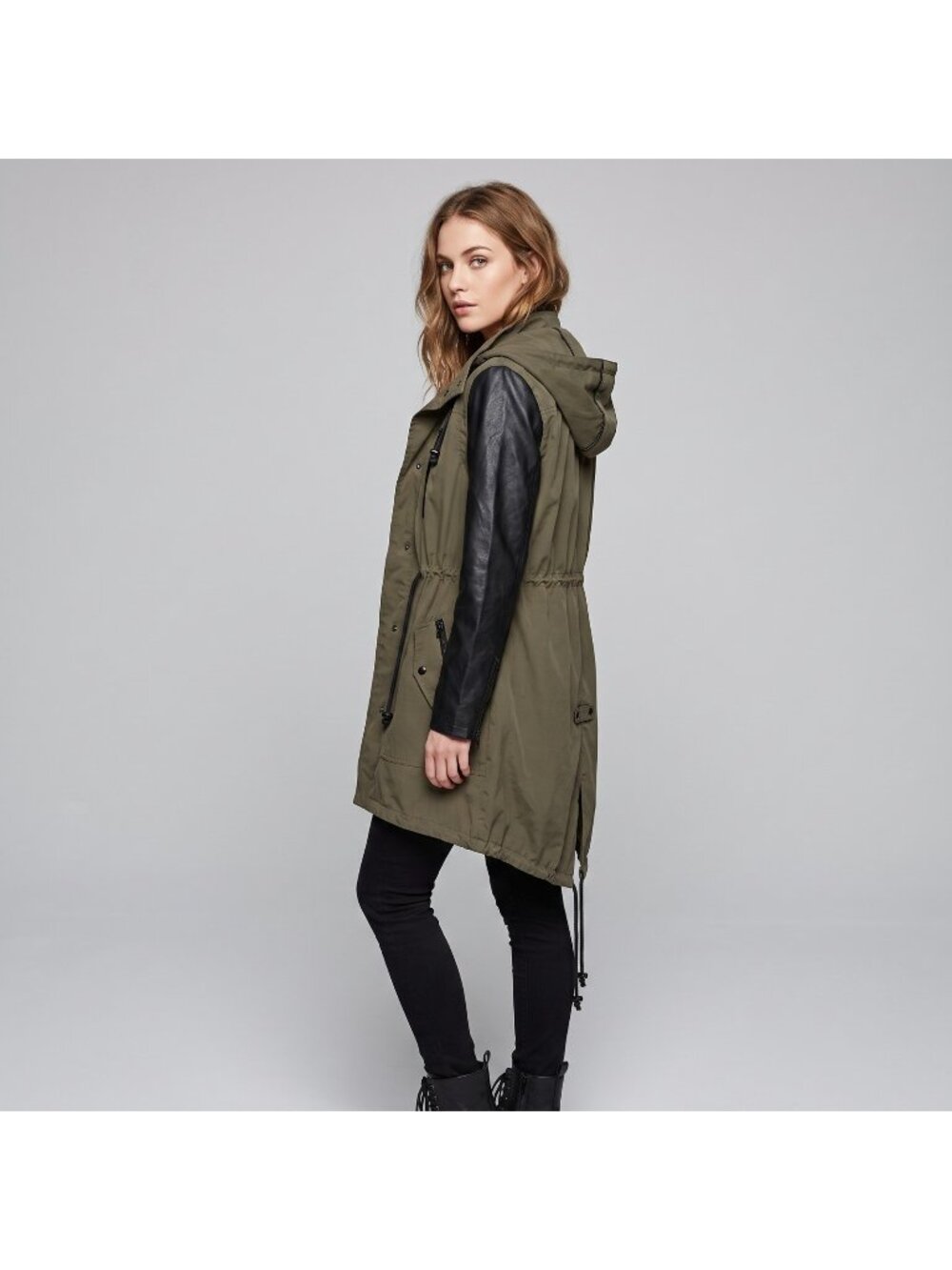Blank NYC Women's Hooded Vegan Leather & Nylon Rain Jacket in Olive Green size S